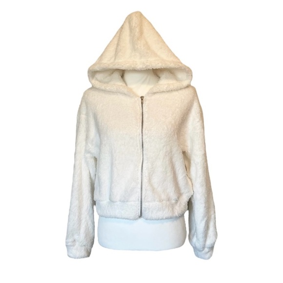 White Hooded Super Soft Cropped Teddy Zip Up Jacket Women’s Small - Picture 1 of 14